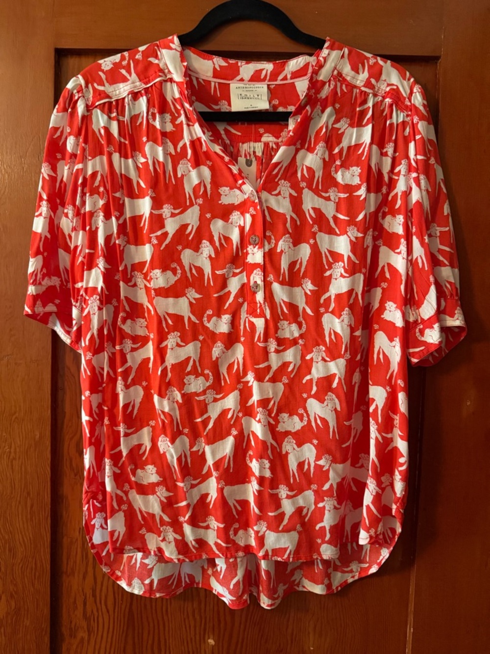 Anthropologie Coral-Red Dog and Cat Print Short Sleeve Blouse